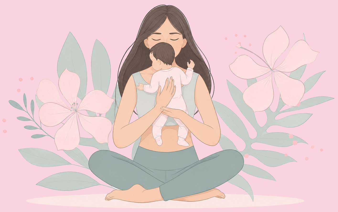 Eine Frau im Yogasitz/Schneidersitz mit Baby auf dem Arm